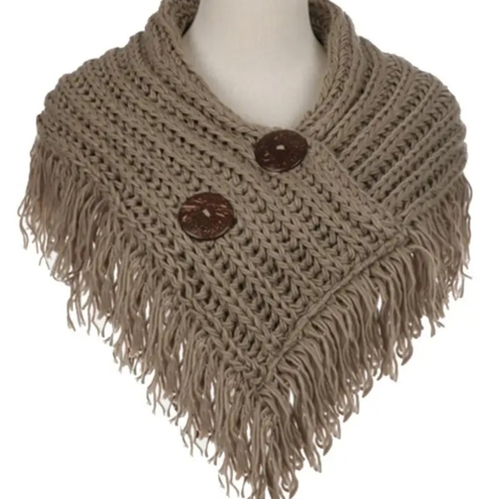 Brown Button Accent Knit Infinity Scarf With Fringe